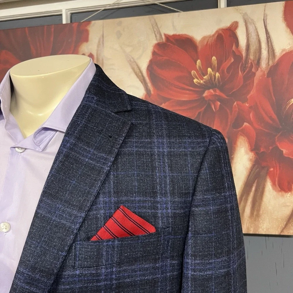 Joseph Abboud Blazer Jacket Sport Coat Mens 46R Wool Navy Flannel Plaid